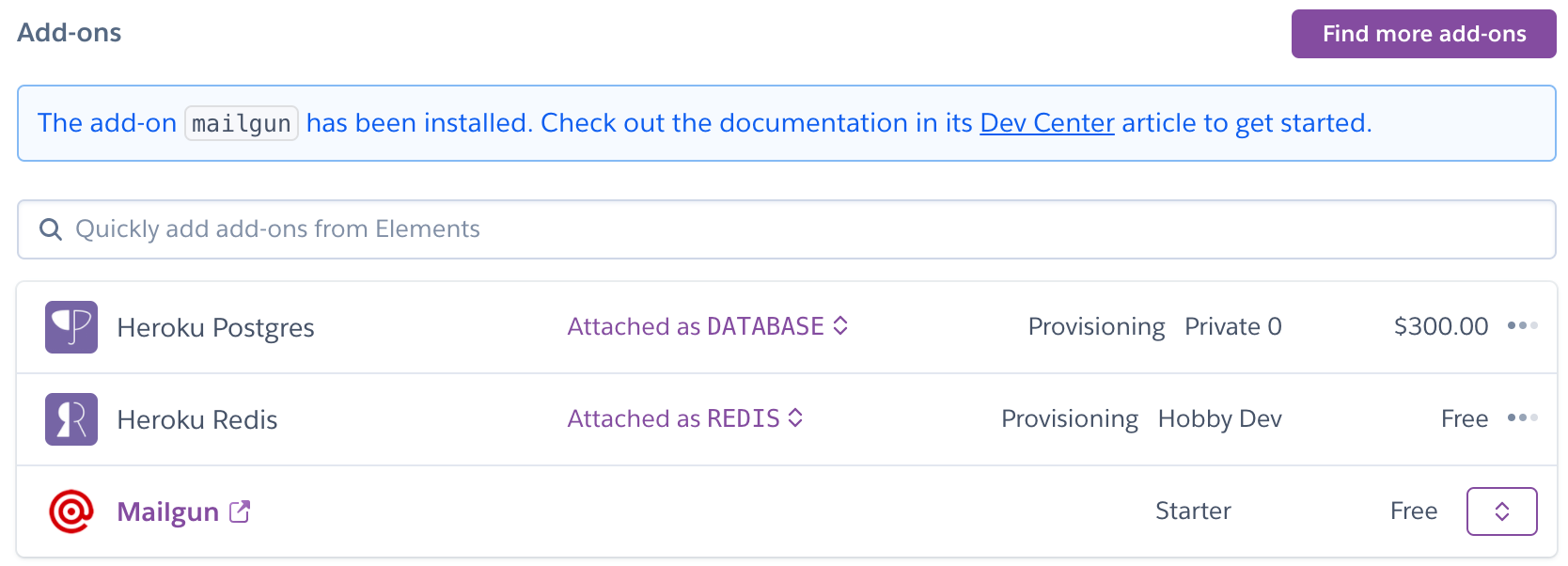 Heroku addons configuration